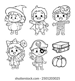 Set of kids in halloween costumes line art cartoon. Vampire, witch, pirate, skeleton, frankenstein, dracula coloring book. Coloring page for kids. Elements for halloween festival decorative design.