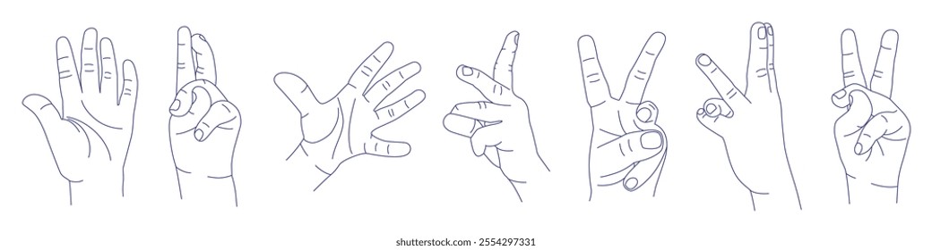 Set of kids hand gestures in various positions. Contour vector sketch illustration. Index, middle, ring, little fingers and thumb