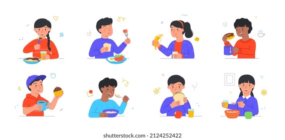 Set of kids having breakfast. Girls and boys eat porridge, sandwiches, donuts, cupcakes, vegetables and fruits and drink tea or juice. Cartoon flat vector collection isolated on white background