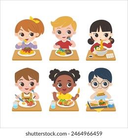 Set of Kids having delicious food.  Children having meal and lunch.