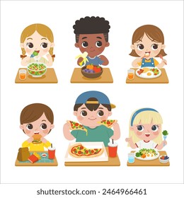 Set of Kids having delicious food.  Children having meal and lunch.