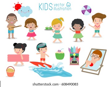 set of Kids having fun on the beach, children play on the beach,Child dancing on the beach, vector illustration