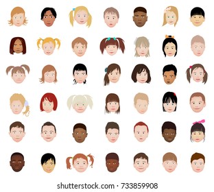 A set of kids head icon collection isolated on white background. Avatars little girls and boys. Children characters profile pictures. Freely editable vector images.