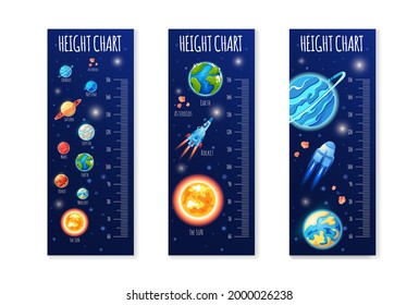 Set Of Kids Height Chart, Cute Scale Measurement For Children Grow. Baby Measure Meter For Kindergarten With Space And Solar System Planets, Spaceships, Rockets.  Vector Cartoon Illustration