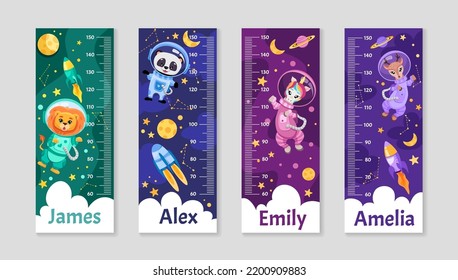 Set of Kids height chart, cute scale measurement for children grow. Baby measure meter for kindergarten with astronaut animals and planets, spaceships, rockets. Vector cartoon illustration