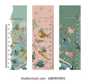 Set of Kids height chart. Kids height chart with fish in cartoon style.  Childish meter wall for nursery design. Great for girl and boy. All objects are separated. Hand-drawn. Vector illustration.