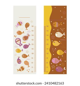 Gráfico de altura del conjunto de niños. Gráfica de altura de los niños con peces al estilo de las caricaturas. Muro de metro infantil para el diseño de guardería. Genial para niña y niño. Todos los objetos están separados. Obtenido a mano. Ilustración vectorial.