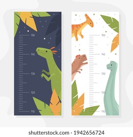 Set of Kids Height Chart with Funny Dinosaurs Animals, Childish Meter Wall for Nursery Design Cartoon Vector Illustration