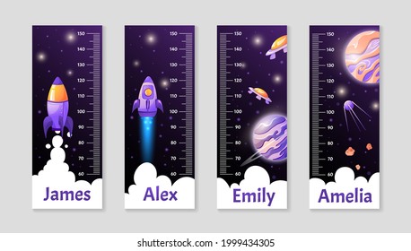 Set of Kids height chart or Growth ruler with cartoon fantasy planets and rockets. Vector isolated children illustration 