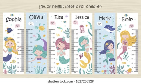 Set of Kids height chart. Vector isolated illustration with Mermaids