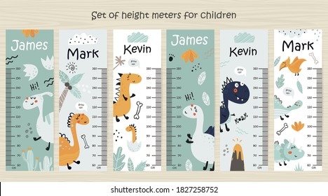 Set Of Kids Height Chart. Vector Isolated Illustration With Dinosaurs