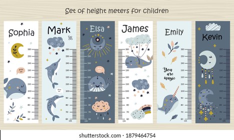 Set of Kids height chart with whale. Vector isolated illustration with whales