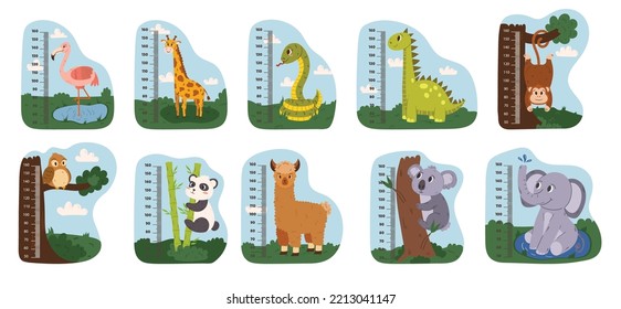 Set Kids Height Charts with Animals. Vector Growth Meter with Cartoon Flamingo, Giraffe, Snake and Dino. Monkey, Owl, Panda and Llama, Koala or Elephant. Wall Stickers For Children Height Measurement