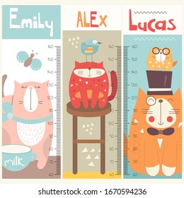 Set of kids height charts with Funny Cats in doodle cartoon style. Vector Illustration. Childish meter wall for nursery design. Great for girl and boy room.