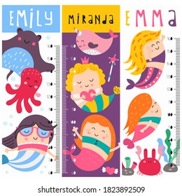 Set of kids height charts with mermaids, funny underwater animals and fishes in doodle cartoon style. Vector Illustration. Childish meter wall for nursery design. Decor for girls room.