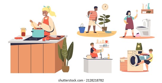 Set Of Kids Helping With Housework At Home, Cooking, Cleaning, Washing Dishes. Children Do Household And Housekeeping Concept. Cartoon Flat Vector Illustration