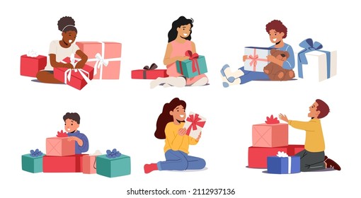 Set of Kids Holding, Opening, Getting Christmas, New Year, Birthday Presents. Children with Gifts Isolated on White Background. Boys and Girls Characters with Boxes. Cartoon People Vector Illustration