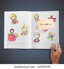 Set of kids in hole paper inside a book. Vector background design.
