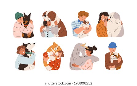 Set of kids hugging big and little dogs. Love and friendship between child and pet. Happy people embracing cute canine animals. Colored flat graphic vector illustration isolated on white background