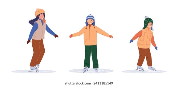 Set of Kids ice skating, winter sport activity, flat vector illustration isolated on white background. Boys and girls in warm clothes on holiday, weekend on ice rink, winter vacation, outdoor activity