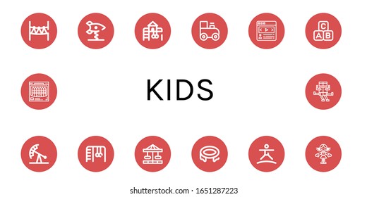 Set of kids icons. Such as Rope park, Spring swing rocket, Playground, Toy train, Carousel, Abc block, Pendulum ride, Monkey bars, Trampoline, Doll, Crayon, Swing , kids icons