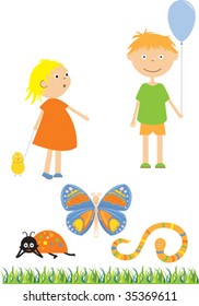 Set of kids and insects vector illustration