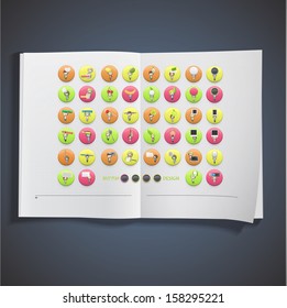 Set of kids inside colorful button printed on book. Vector design