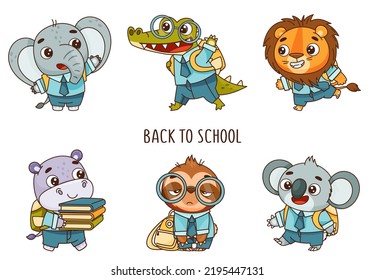 Set von Kindern kawaii Elefant, Krokodil, Löwe, Koala, Hippo, Schläge gehen zur Schule. Vektorgrafik für Designs, Ausdrucke, Muster. Einzeln auf weißem Hintergrund