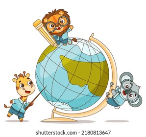 Set of kids kawaii tropical animals with globe. Vector illustration for designs, prints, patterns. Isolated on white background