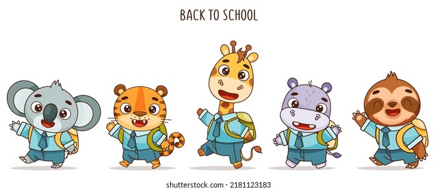 Set Of Kids Kawaii Tropical Animals Go To School. Vector Illustration For Designs, Prints, Patterns. Isolated On White Background