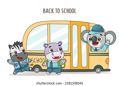 Set of kids kawaii tropical animals came from school on a school bus. Vector illustration for designs, prints, patterns. Isolated on white background