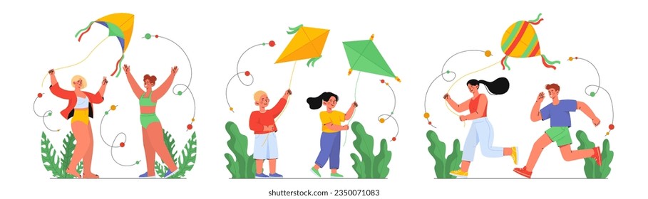 Set of kids with kites concept. Boys and girls with toys outdoor. Active lifestyle and leisure. Children having fun together. Cartoon flat vector collection isolated on white background svg