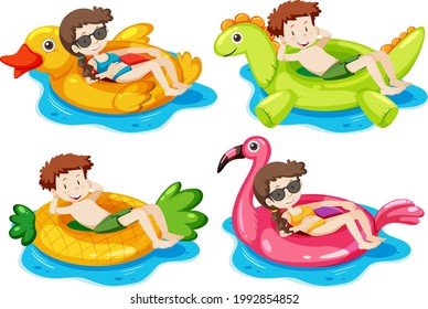 Set of kids laying on their swimming ring in the water isolated illustration
