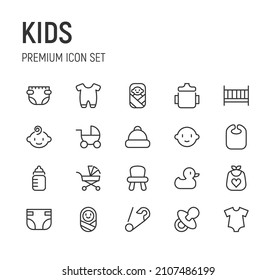 Set of kids line icons. Premium pack of signs in trendy style. Pixel perfect objects for UI, apps and web. 