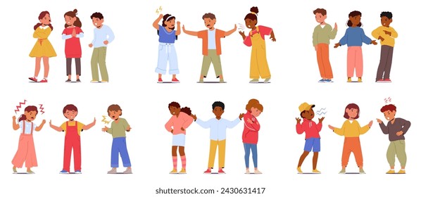 Set of Kids Mediators Calmly Listens To Fighting Friends, Encourages Open Communication, And Suggests Compromises, Fostering Understanding And Friendship In A Positive Resolution. Vector Illustration