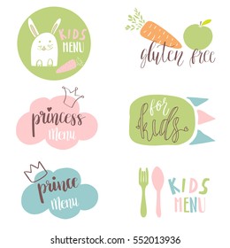 Set of Kids menu logos for cafe or restaurant. Funny design for baby food. Stickers, labels, tags design.