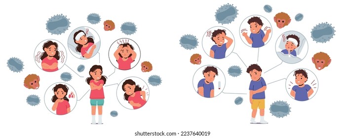 Set Kids with Monkeypox Virus Symptoms Concept. Sick Little Girls and Boys Characters with Allergy, Chickenpox or Monkey Pox Disease Fever, Rash, Chills, Headache. Cartoon People Vector Illustration