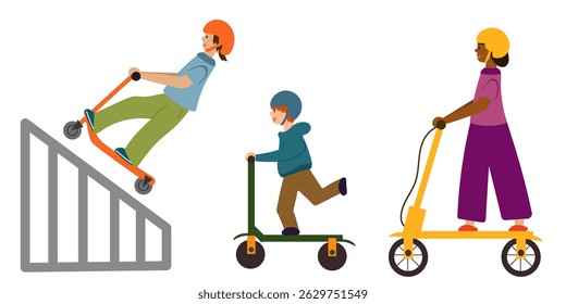 Set of kids on scooters. Electric scooters. Trendy transportation. Activity in park.