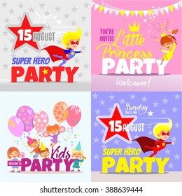 Set with kids party invitation design concepts. Super hero party for boys,little princess party for girls and big kids party with happy cartoon kids celebrating together.Kids party flyer templates.