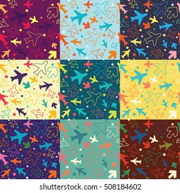 Set of a kids pattern background with planes, arrows and stars.
Hand drawn children pattern doodle style. 
Babies background for kids wallpaper or kids room.
Kids paper texture. Vector illustration. 