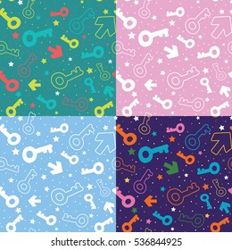 A set of kids pattern with color keys, arrows and stars.
Seamless background for children.
Hand drawn doodle key. Vector illustration.