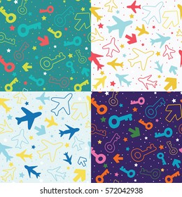 A set of kids pattern with color keys, arrows, planes and stars.Seamless background for children.Vector illustration.