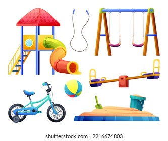 Set of kids playground equipment in cartoon style