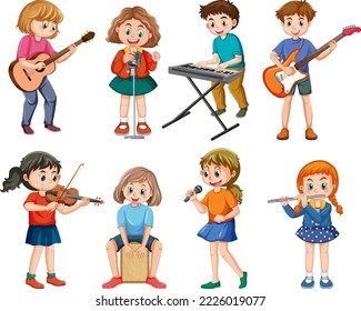 Set of kids playing different musical instrument illustration