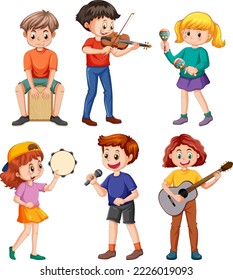 Juego de niños tocando diferentes ilustraciones musicales