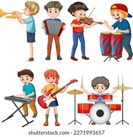 Set of kids playing different musical instrument illustration