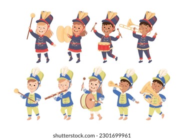 Set of kids playing different musical instruments in marching band parade cartoon vector illustration