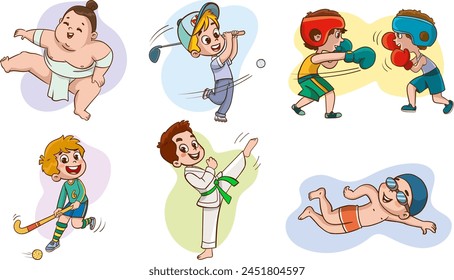 Conjunto de niños jugando Ilustración vectorial deportiva diferente