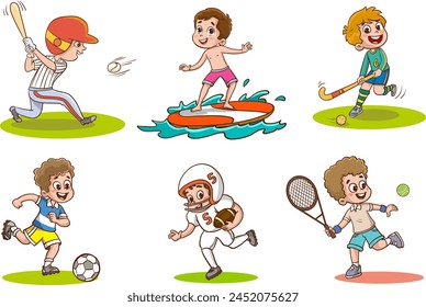 Set of Kids Playing Different Sports Vector Illustration