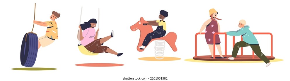 Set of kids playing on playground swings, swinging on tire wheel, merry-go-round and toy horse. Children having fun on outdoors play ground. Cartoon flat vector illustration - Shutterstock ID 2101031581